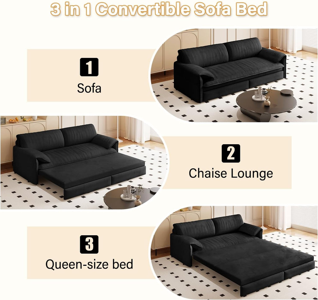 Cilee 66' Folding Sofa Bed, 3-in-1 Convertible Loveseat Sleeper Sofa, Pull Out Futon Sofa Bed, Comfy Floor Couch with Storage Pocket, Love Seats Furniture for Living Room, Velvet, Black