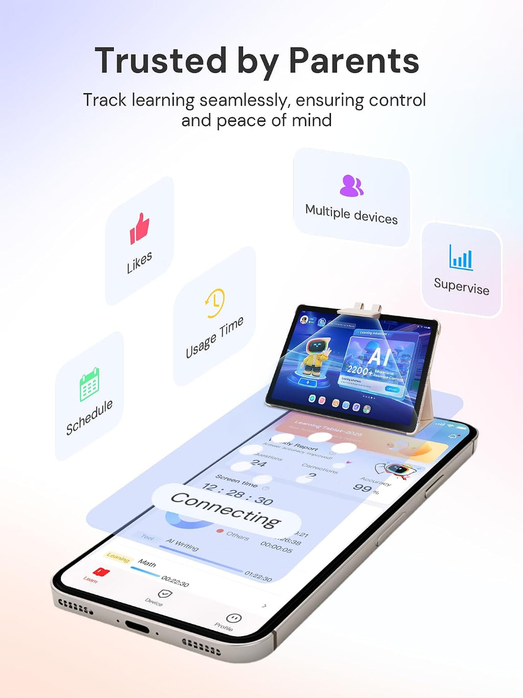 AI Kids Tablet with Parental Control - 50000+ Content AI Tutor Learning Tablet with ELA, Math, ABC, Word, Read, Phonics, STEM for Homeschooler Educational Study for G1 - G6 (TalPad T100, Standard)