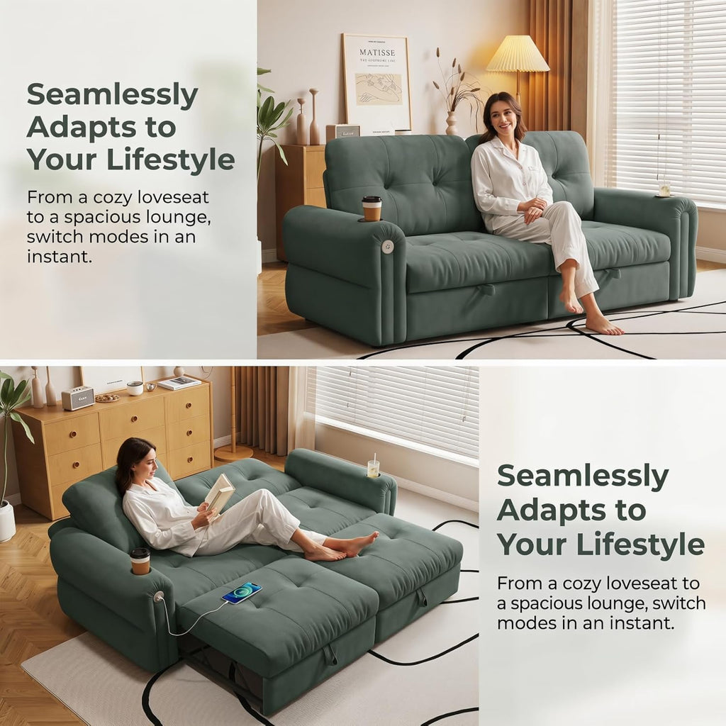 Convertible Couches, Queen Size Pull Out Sofa Bed with USB Charging Port and Cup Holders, Plannelette Fabric Convertible Sofa Bed for Small Space, Living Room, Apartment, Guest Room, Green