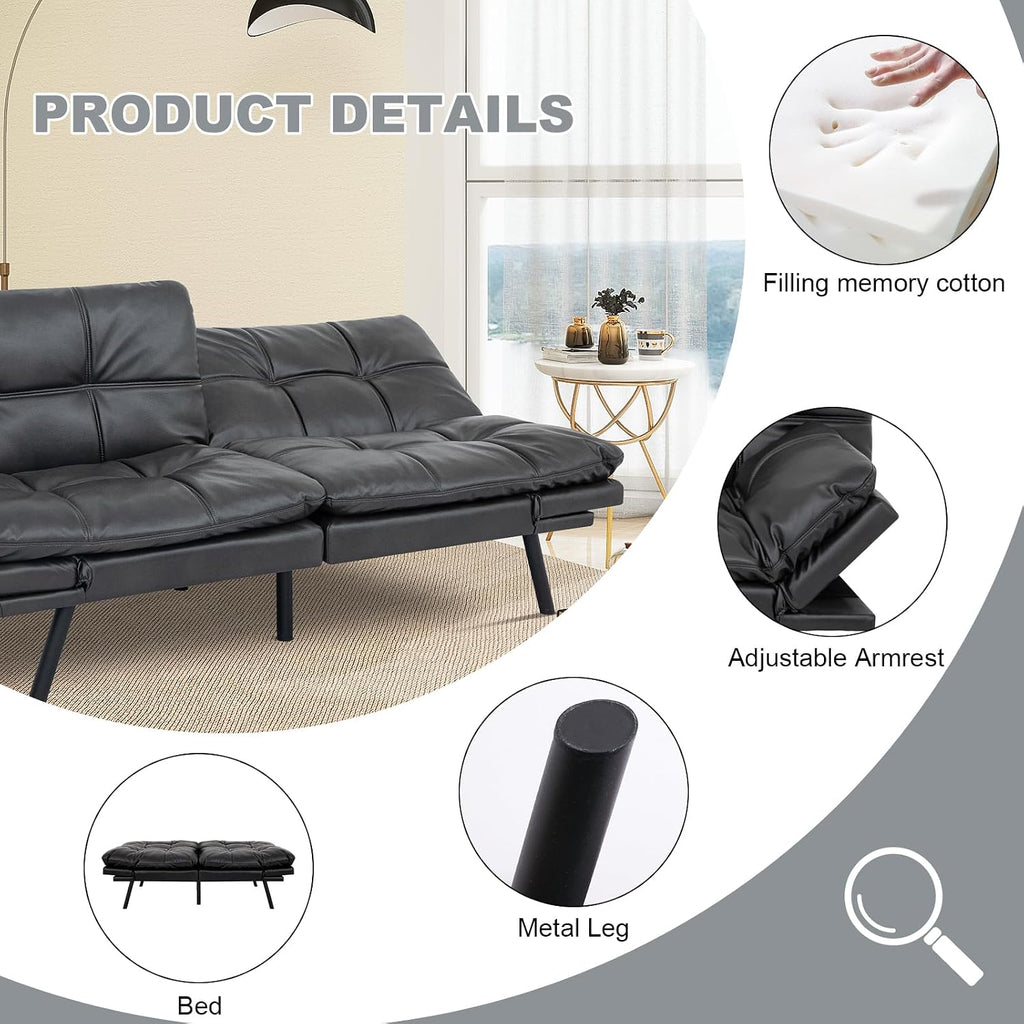 MUUEGM Futon Sofa Bed Convertible Couch,Memory Foam Futon Sofa Couch,Sleeper Futons Sofa Couches,Small Splitback Modern Loveseat Sofa Bed for Living Room,Office,Apartment,Faux Leather,Matte Black.