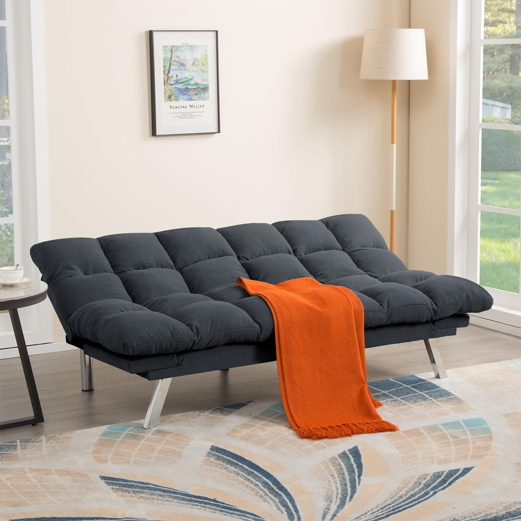Modern Corduroy Convertible Folding Futon Couch Sofa Bed Adjustable Pillow Top Arm Memory Foam Couch Double Loveseat Sofa for Compact Living Space,Dorm,Game Studio,Apartment,Bedroom (Dark Gray)