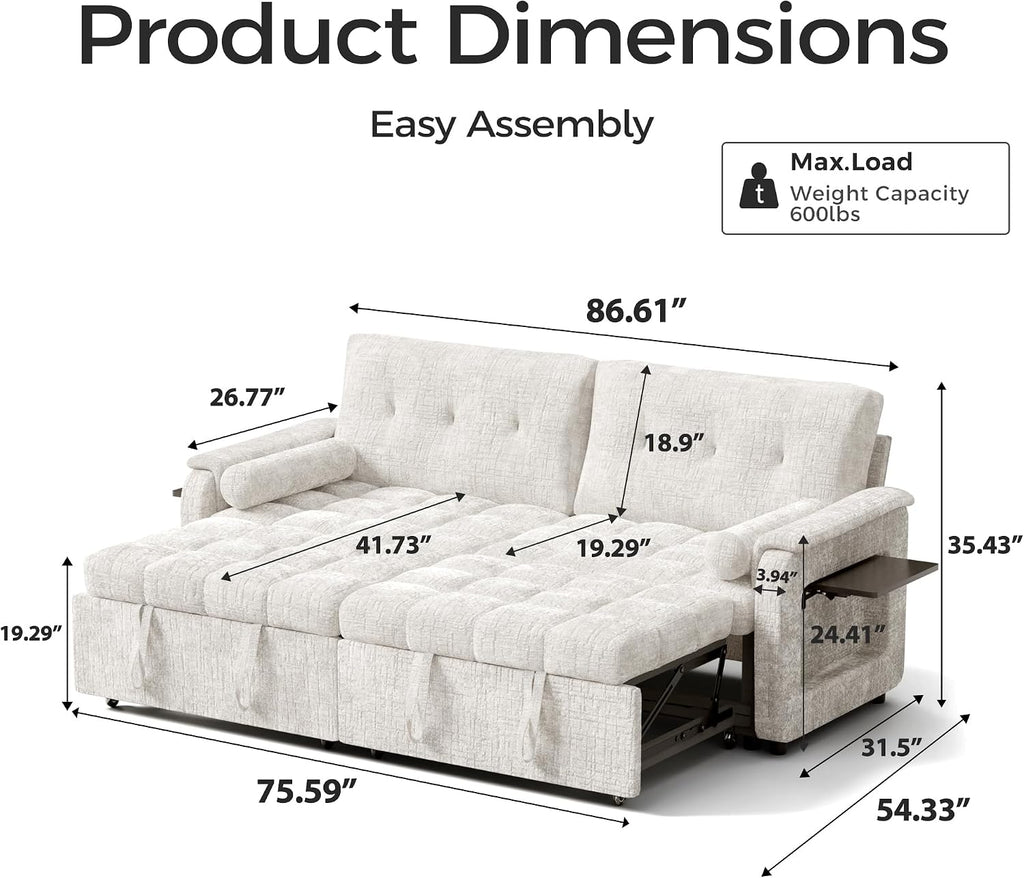 Convertible Sleeper Sofa Bed, 86 Inch Chenille Pull Out Couch with Side Table & Adjustable Backrest, Sectional Sleeper Sofa with Pull Out Bed for Living Room, Apartment, Beige