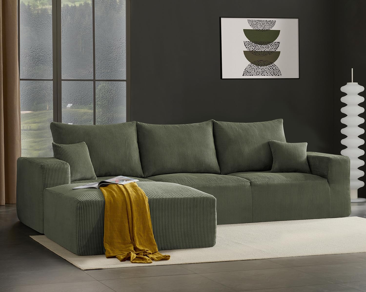 Gericco 113' Modular Sectional Couch, Cloud Boneless Sofa with Deep Seats, Upholstered Corduroy Square Stuffed Ottoman Pouf, 40 * 40 Inch Furry & Fluffy Movable Foot Stool for Living Room, Green