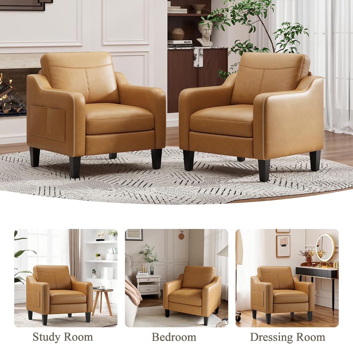 MALOL PU Leather Accent Chair, Mid-Century Modern Living Room Armchair Sofa with Removable Cushions, Solid Wood Frame & Stitched Armrest Design, Bedroom Chair with Plastic Legs, Brown