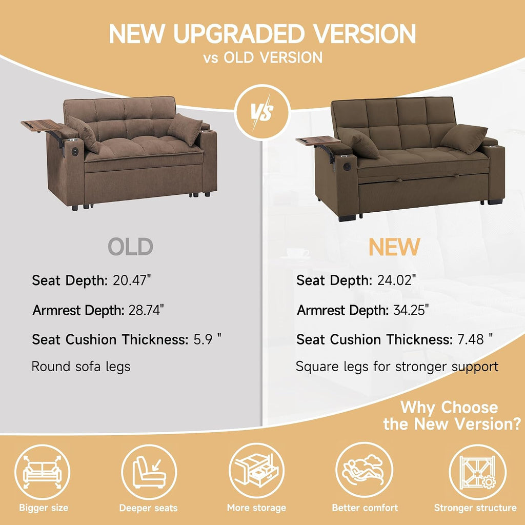 hansones 65'' 3-in-1 Folding Convertible Sofa Bed, Pullout Sofa, Modern Chenille Fabric, 360° Swivel Side Table, Easy Assembly, Perfect for Living Room(ZY-1107A-Brown)
