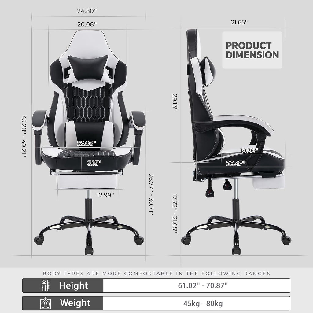 Gaming Chair with Massage and Footrest, Ergonomic High Back PC Racing Chair, 300LBS Capacity with Adjustable Lumbar Support & Headrest for Office and Desk (Model B, Black+White)