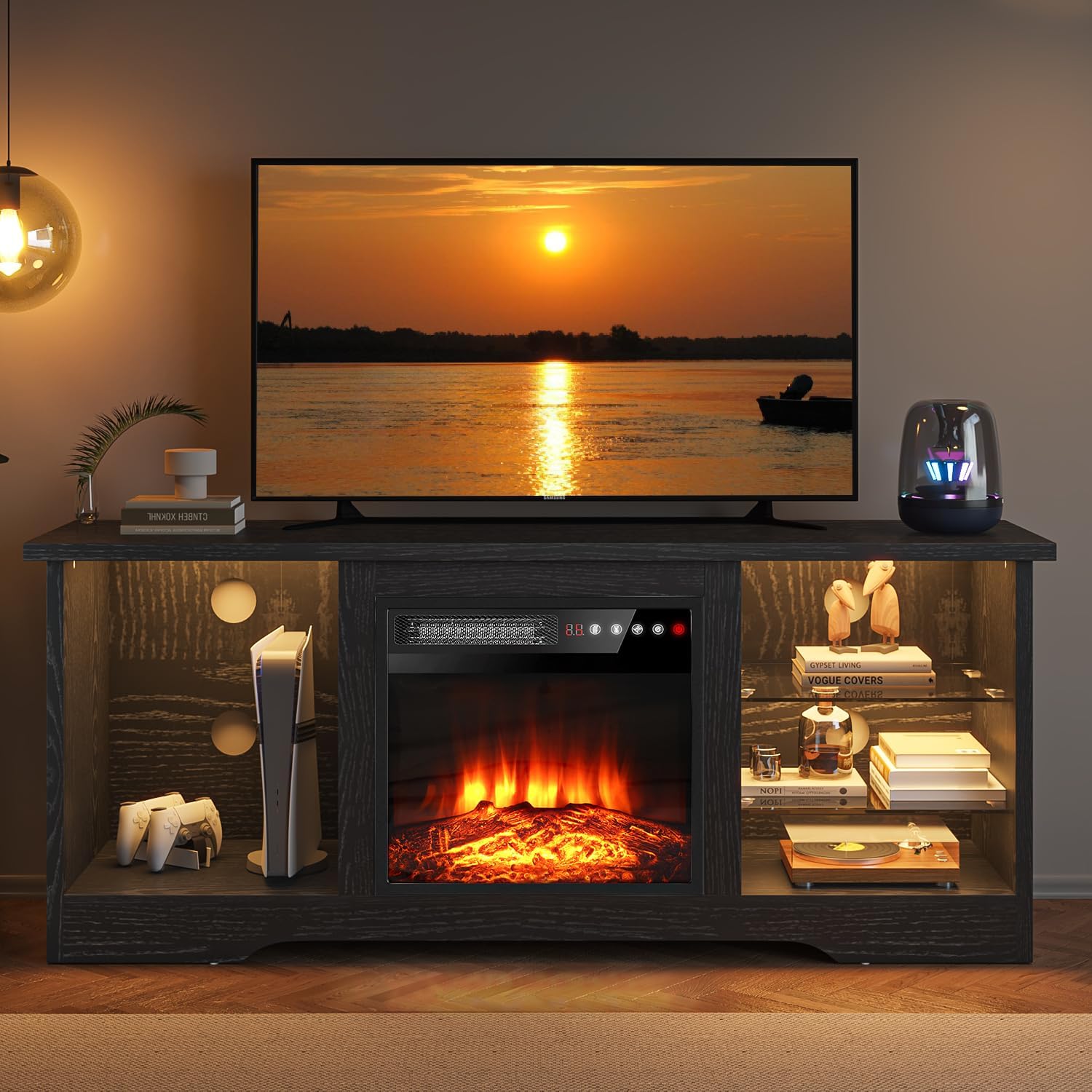 VITESSE 58 Inches Fireplace TV Stand for TVs up to 65 Inches Console with 18'' Electric Fireplace & Remote,Wooden Modern Entertainment Center for Living Room with LED Light Glass Shelves（Black）