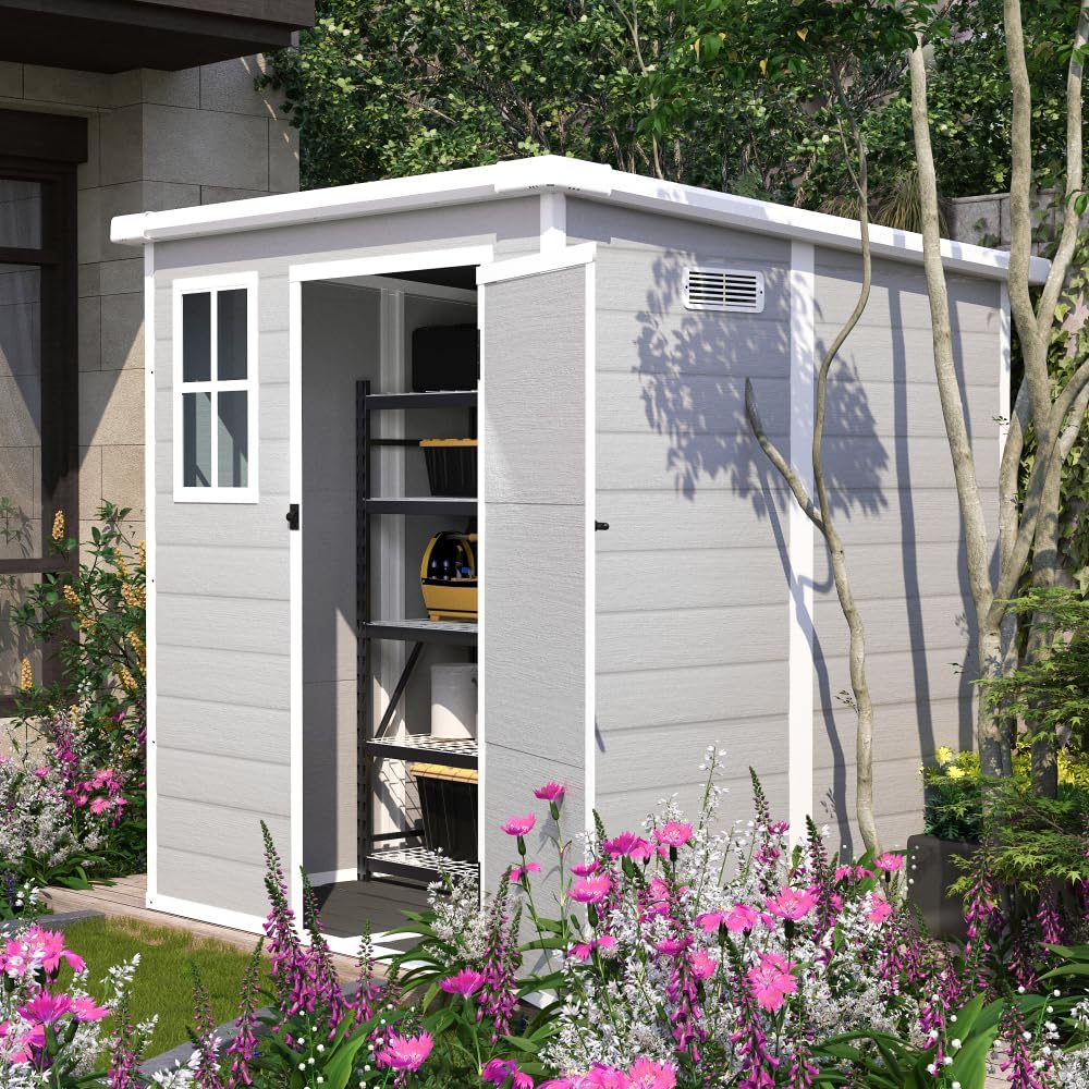 6x6FT Resin Storage Shed - Dark Gray Plastic Garden Shed with Floor Included, Waterproof UV/Rust Proof Outdoor Shed for Backyard, 12mm Thick PP Sheds & Outdoor Storage with HD Acrylic Window (6x6ft)