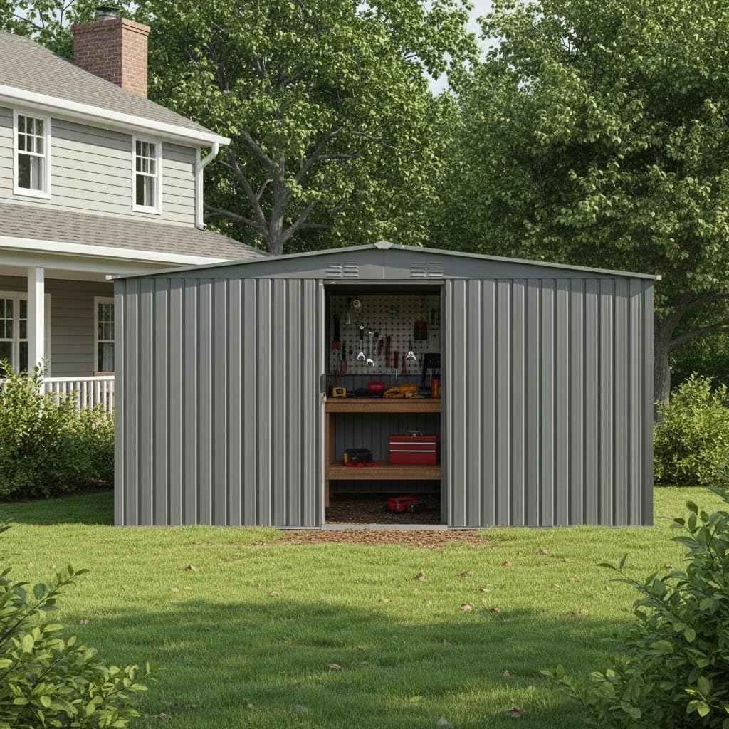 YOPTO 12x14 FT Sheds & Outdoor Storage,Metal Waterproof Firewood Shed with 2 Integrated Punched Vents,2-in-1Heavy-Duty Garden Tool House w/Window & Door,Shelter for Wood,Bicycles,Grey