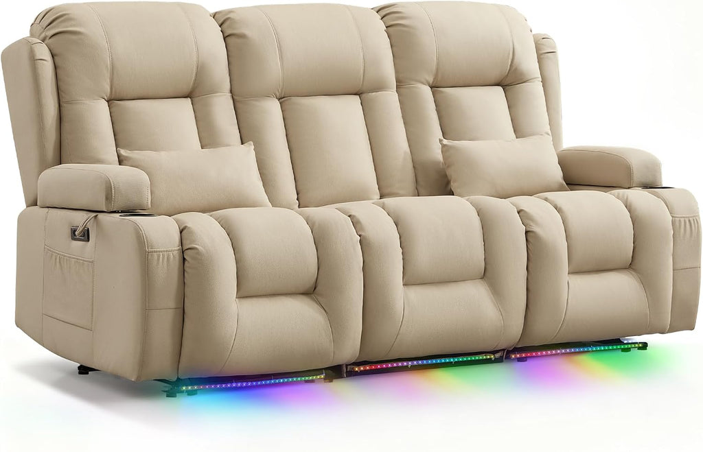 TUNYI Power Loveseat Recliner Sofa with Massage & Heat Home Theater Seating with Console RV Recliner Loveseat Sofa with USB/Storage/Side Pocket/LED Light/Speaker (Beige, 3 Seat)