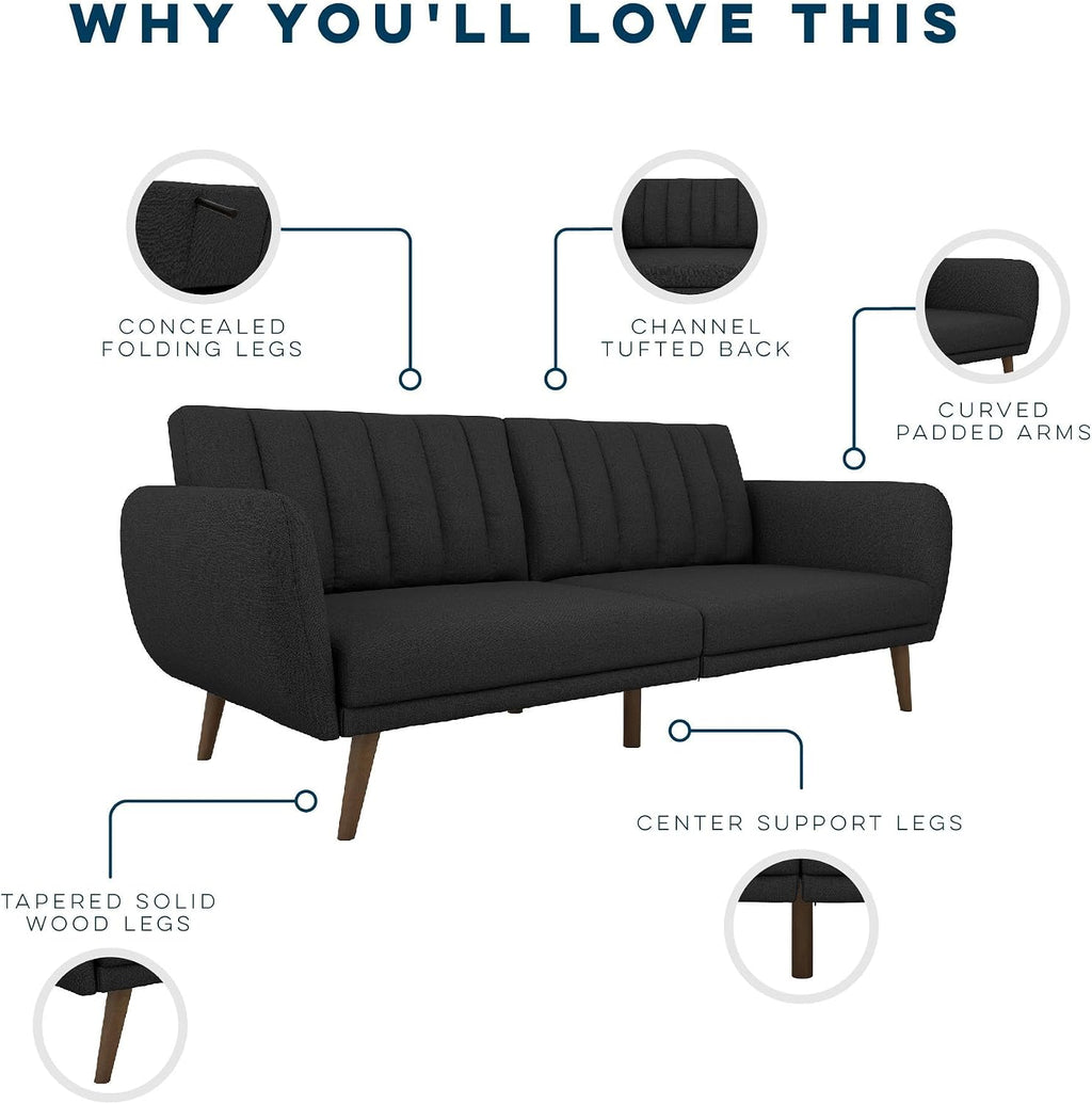 Novogratz Brittany 82 Inch Futon Sofa Bed in Faux Leather, Upholstered Couch Sleeper with Tufted Back, Mid-Century Modern Design, Dark Gray