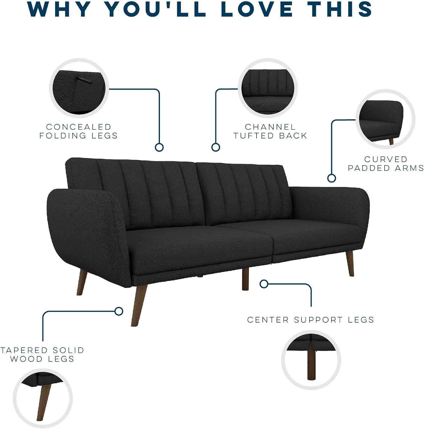 Novogratz Brittany 82 Inch Futon Sofa Bed in Faux Leather, Upholstered Couch Sleeper with Tufted Back, Mid-Century Modern Design, Dark Gray