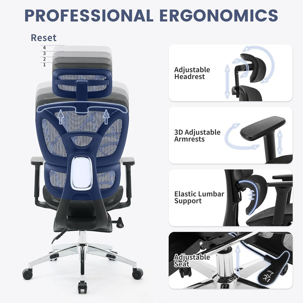 Ergonomic High Back Mesh Reclining Office Chair with Footrest, Dynamic Lumbar Support - Swivel Task Chair for Home & Gaming, Black