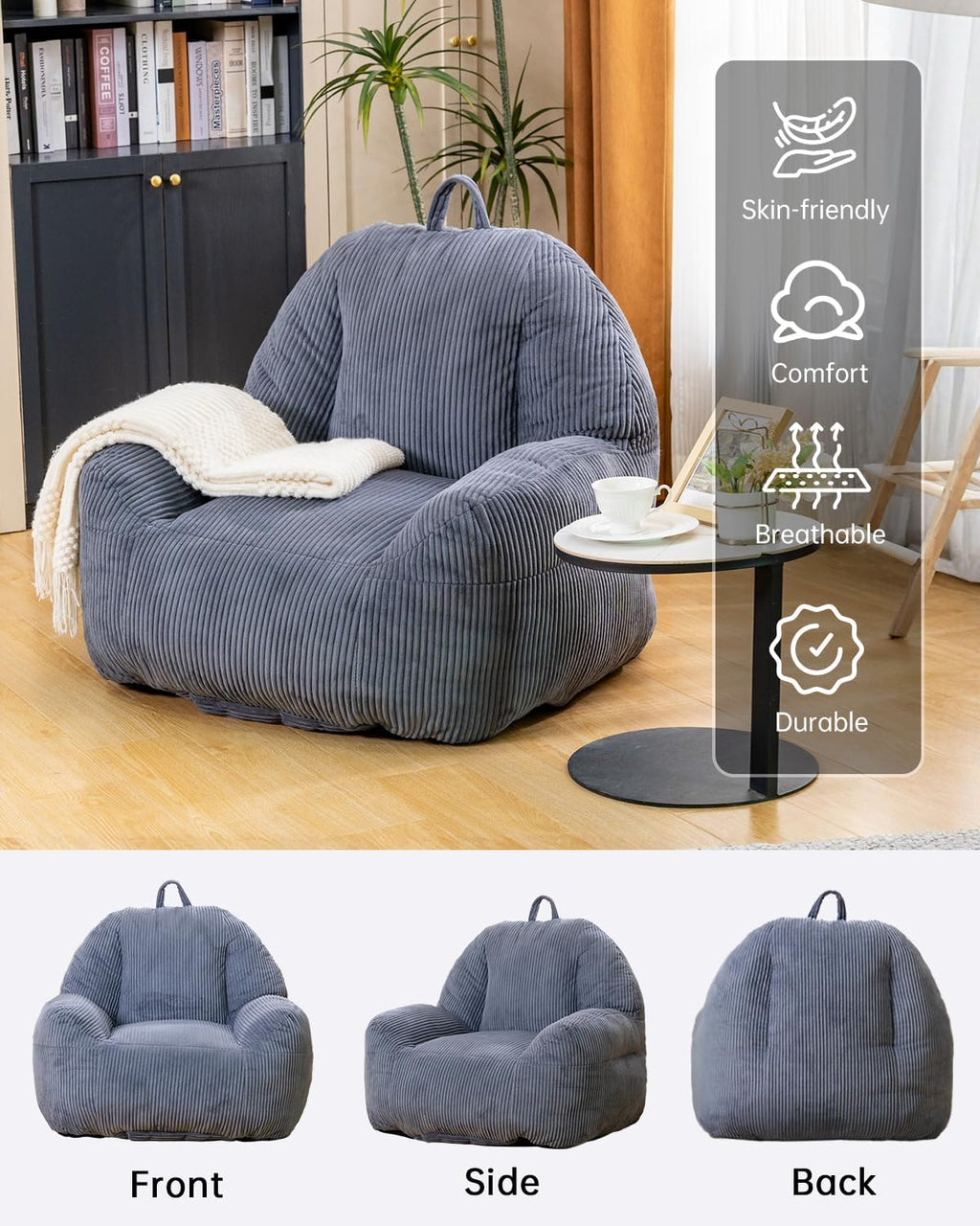 Lamerge Ergonomic Bean Bag Chair for Adults, Faux Fur Fluffy Sofa Chair with High-Density Memory Foam, Grey Comfy Bean Bag Couch for Reading, Gaming (38' Bean Bag Chair)