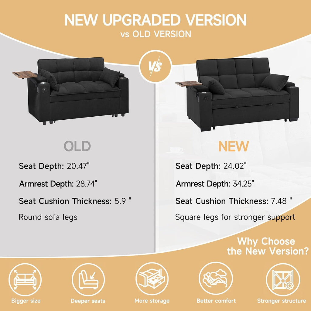 hansones 66' Multi-Functional Pull-Out Sofa Bed with Hidden Side Table, Storage Armrests, Built-in Charging Port, Spring Mattress, Solid Wood Frame – Ideal for Small Spaces, Easy Assembly