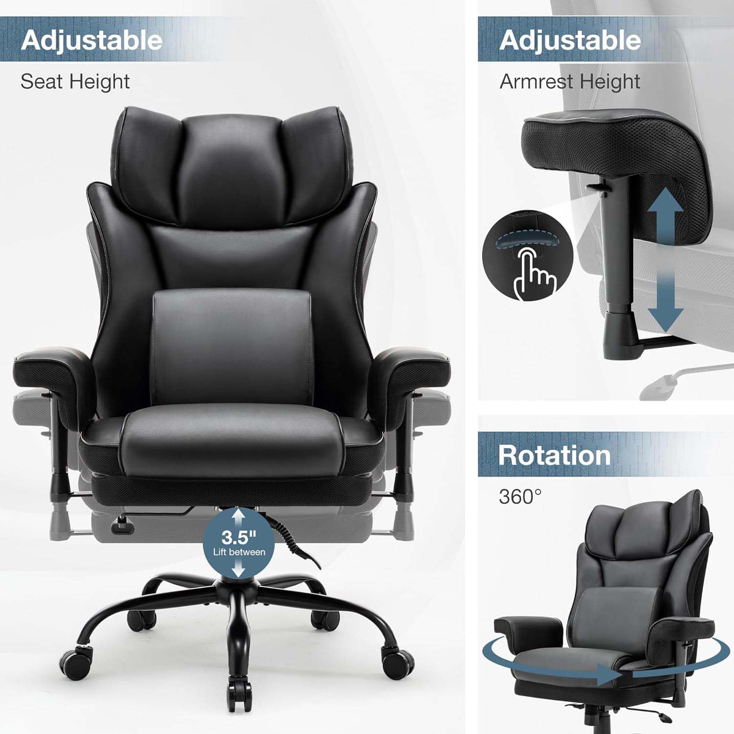 Ergonomic Computer Gaming Chair with Adjustable Armrest, Comfy High Back Office Chairs with Lumbar Support, Height-Adjustable Rocking Massage Chairs for Office, Bedroom, Apartment (Black)