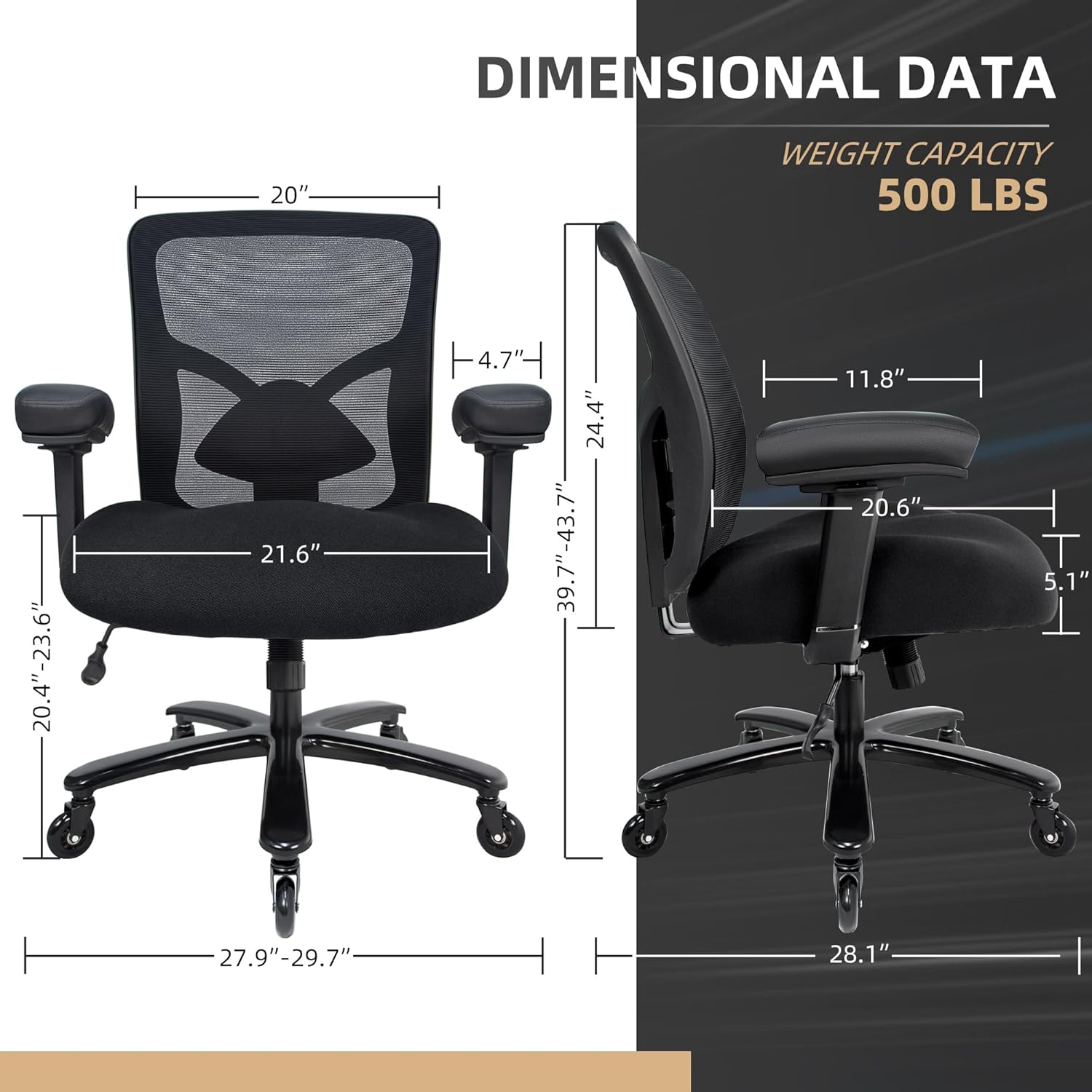 500LBS Big and Tall Office Chair with 4D Armrests & Adjustable Backrest, Heavy Duty Office Chair for Heavy People, Memory Foam Seat Filling Springs, Black
