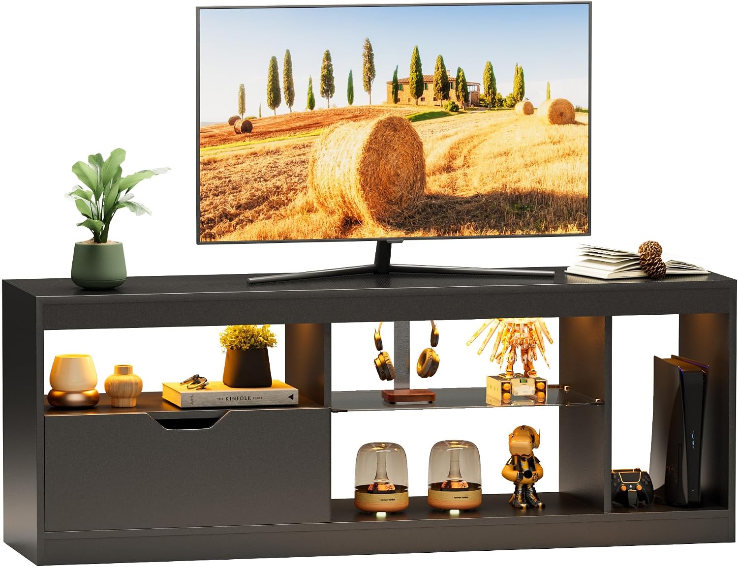 JUMMICO TV Stand, Entertainment Center LED Gaming TV Stand for 65+ Inch TV Carbon Fiber Top, Dynamic RGB Modes TV Cabinet Console with Adjustable Glass Shelves Storage Drawers (Black)
