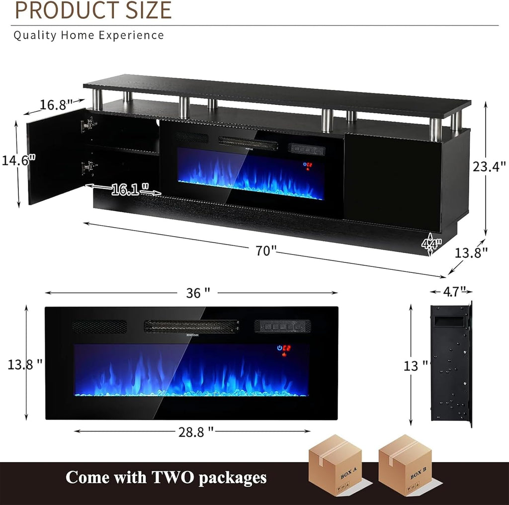 oneinmil Fireplace TV Stand with 36' Electric Fireplace, 2 Tier TV Console Stand for TVs Up to 90'', LED Light Entertainment Center, Fireplace for The Living Room TV Stand, Black, 80''