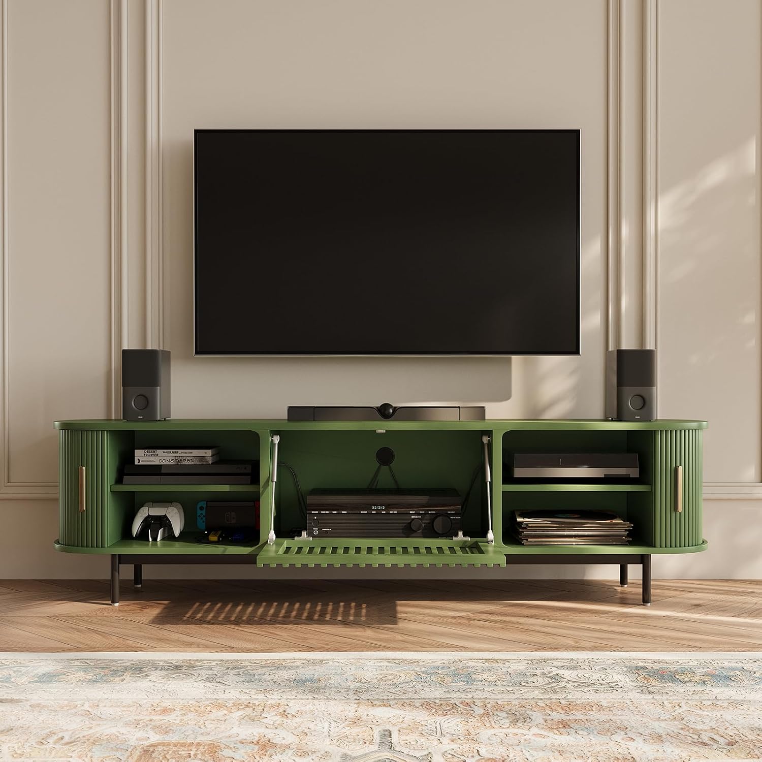 POVISON Fully-Assembled Modern Green TV Stand with Tambour Doors, Fluted TV Media Console for 75 Inch TVs, Sliding Door Entertainment Center with Storage for Living Room (Green, 78.74')