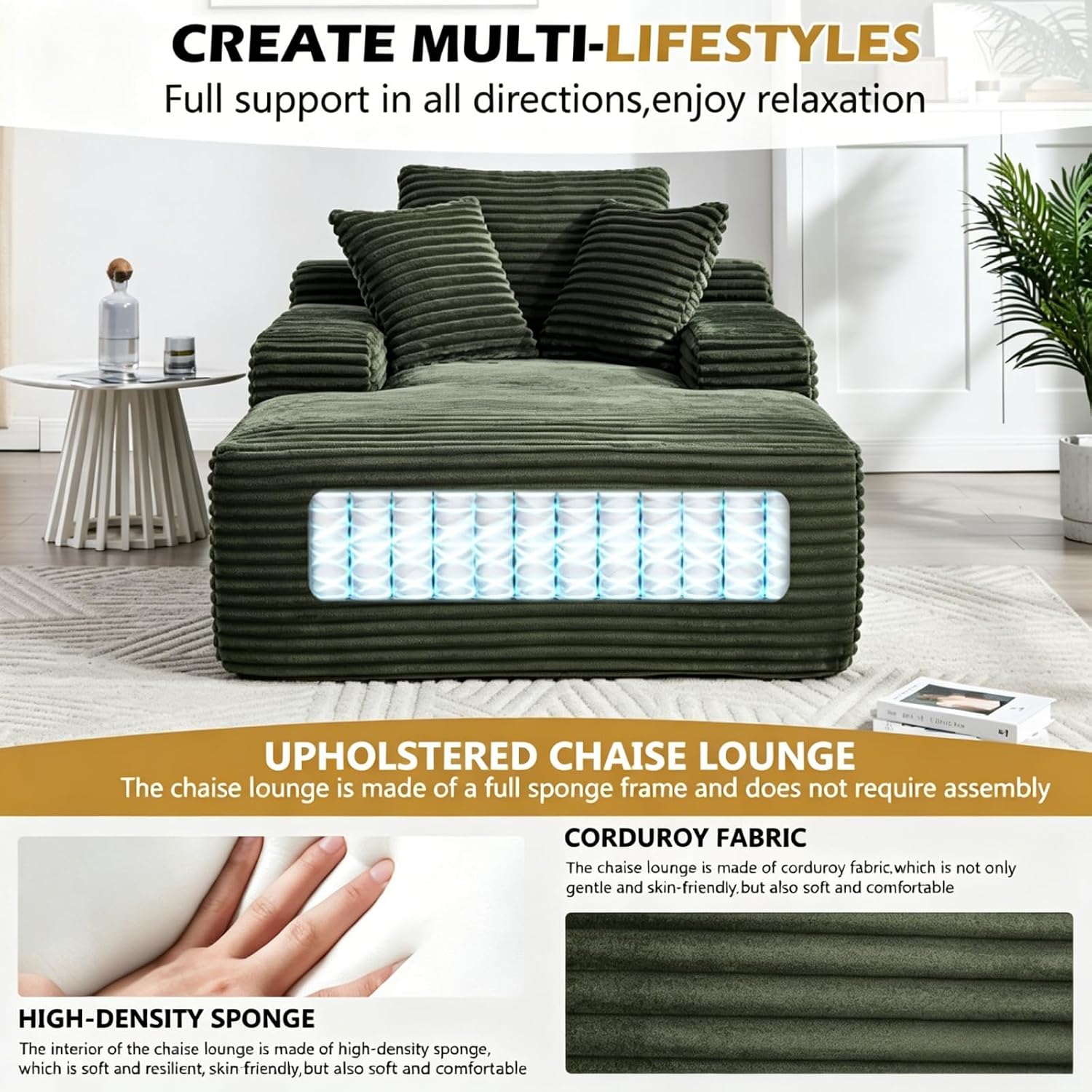 Oversized Boneless Chaise Sofa Bed, Corduroy Chaise Lounge Chair Indoor with Storage Pockets, Upholstered Cloud Sleeper Chair Bed for Small Space, Living Room, Bedroom, Apartment,Green