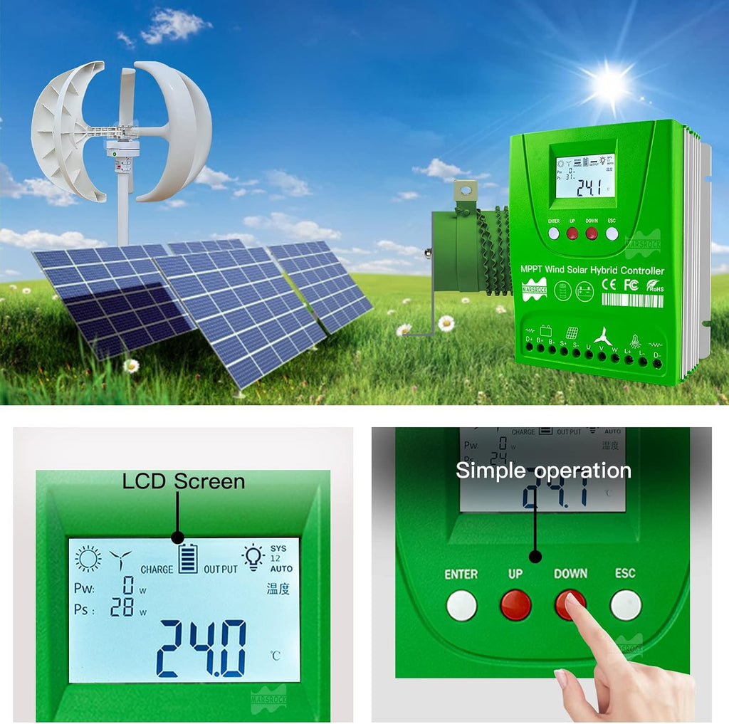 Marsrock 2000W 12V/24V Off Grid MPPT Wind Solar Hybrid Charge Controller,1000W Wind Turbine & 1000W Solar Panels Charge Controller with Dump Load,Suitable for Lithium Lead-Acid Gel Battery