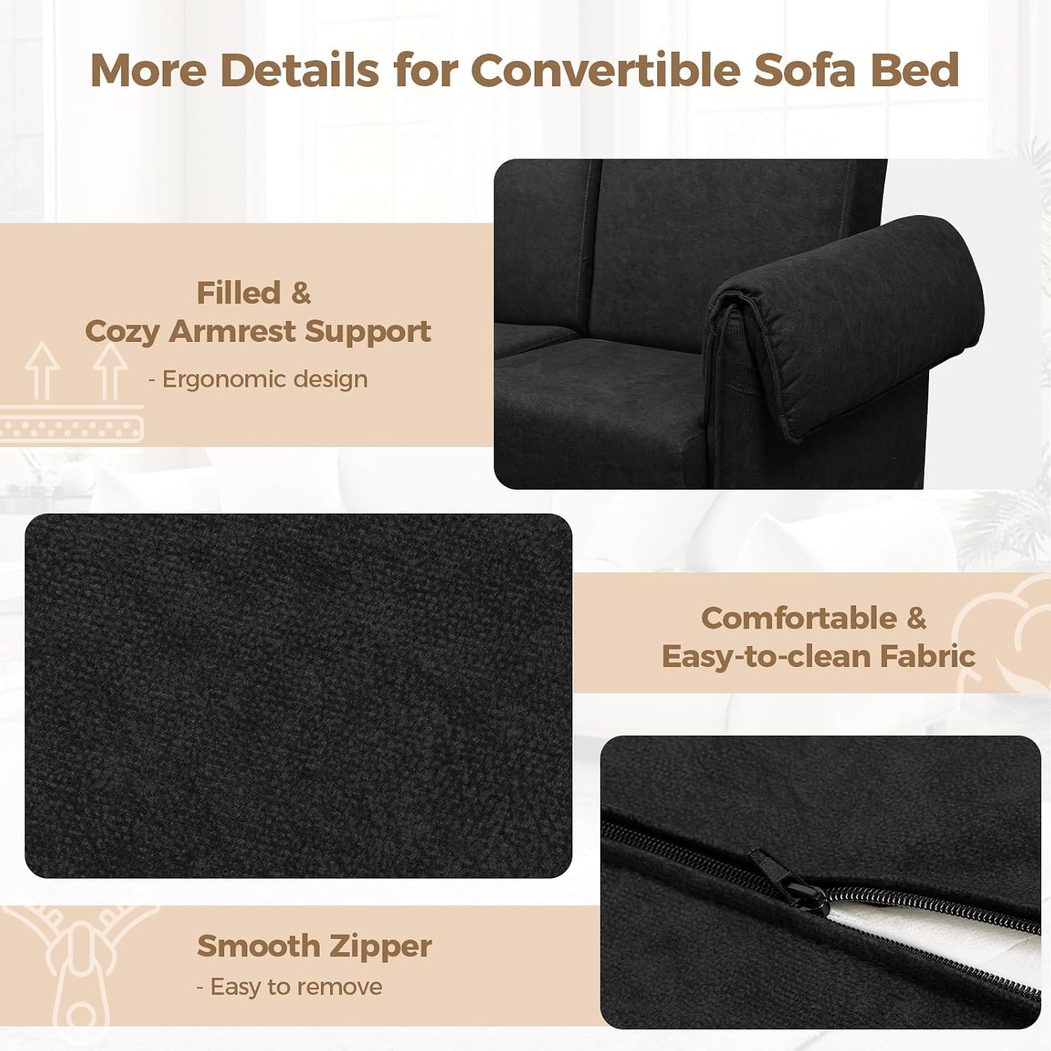 FHFO 65' Loveseat Sleeper Couch for Small Spaces, 3 in 1 Pull Out Sofa Bed Convertible Sleeper Sofa Comfy Sofabed for Living Room, Bedroom, Apartment, Black