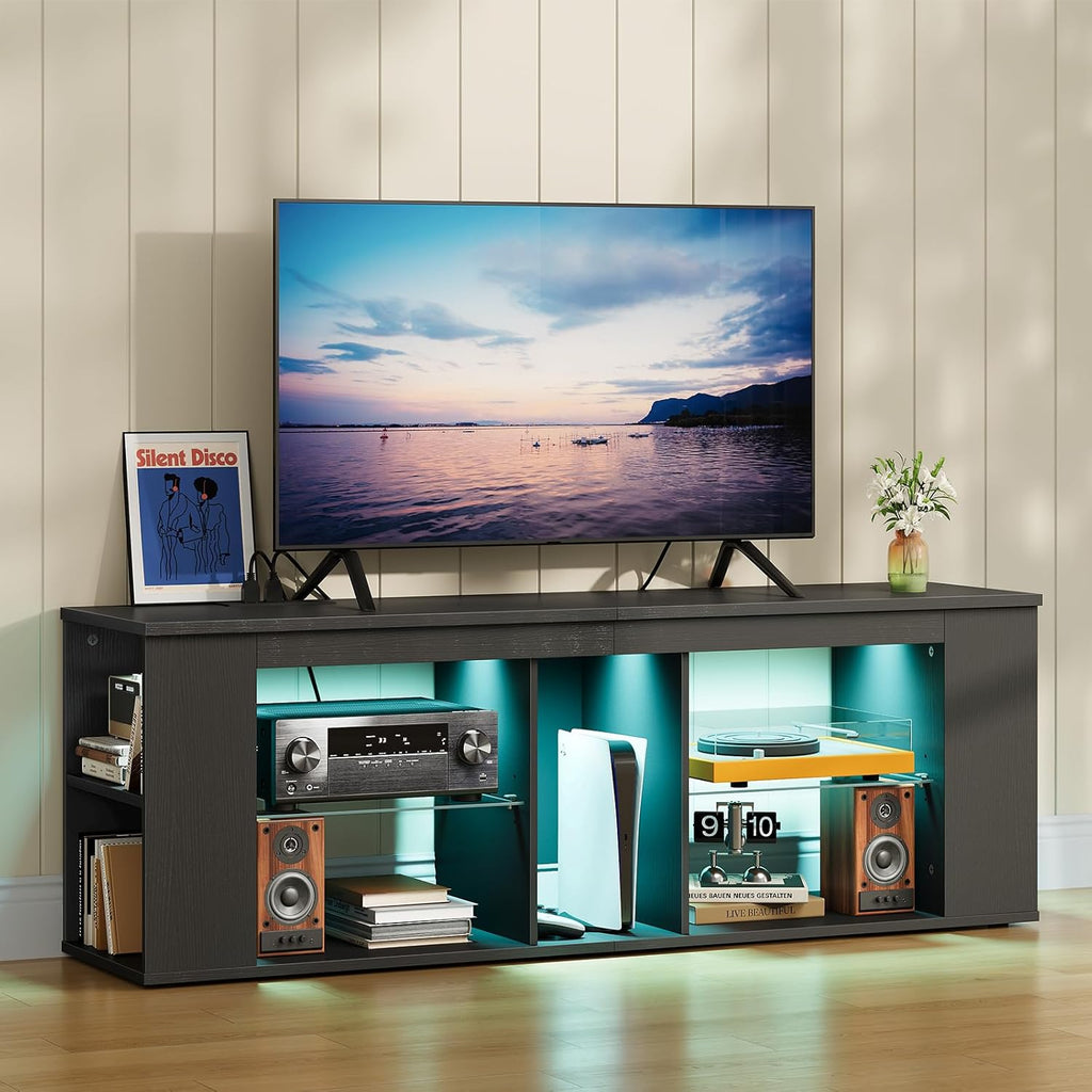 CHOEZON 55' TV Stand for up to 65' TVs with RGB LED Lights, Built-in Power Outlet, Adjustable Glass Shelves & Open Storage, Modern Media Console for Living Room & Game Room, Black MDS05UDBB