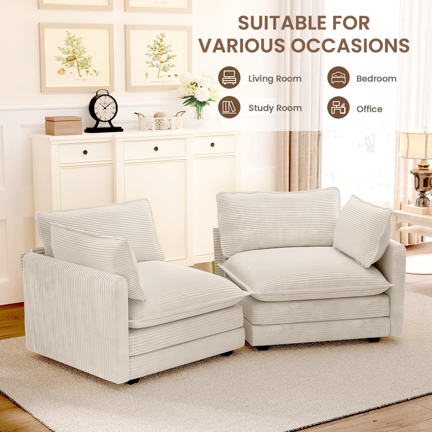 ROWHY 78'' Sectional 2 Seat Cloud Loveseat with 2 Throw Pillows, Modern Corduroy Love Seat, Cozy Sofa for Living Room, Office and Bedroom, Beige