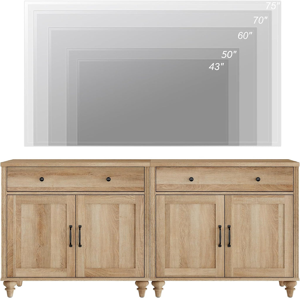 WAMPAT Farmhouse TV Stand for 75 inch TV with 4 Doors and 2 Drawers, Wood Universal TV Stand with Storage Cabinets, Oak Entertainment Center TV Console Table for Living Room, Bedroom
