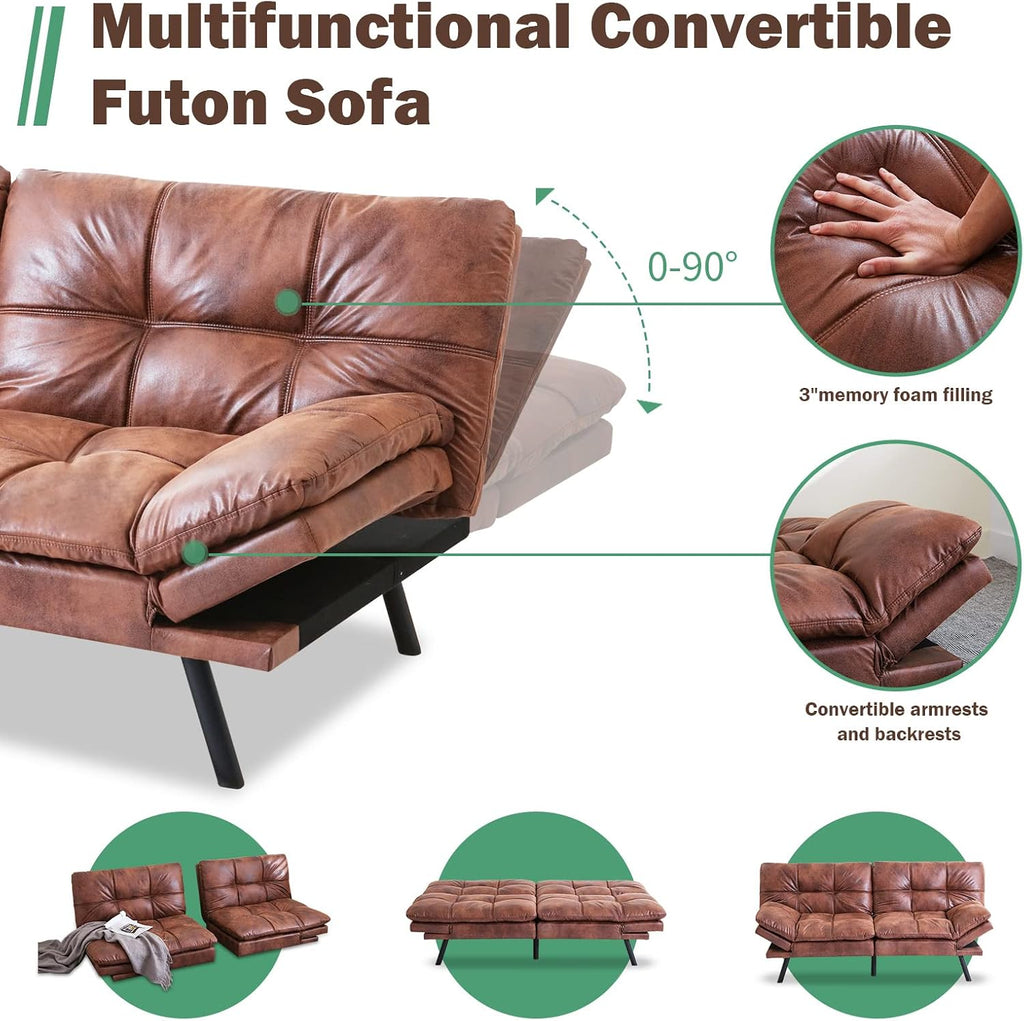 Opoiar Futon Sofa Bed,Lounge Memory Foam Sleeper Couch for Living Room,Convertible Loveseat for Compact Living Spaces,Studio Apartment,Dorm,Home Office,71'-Brown-Faux Leather-Thicker versio