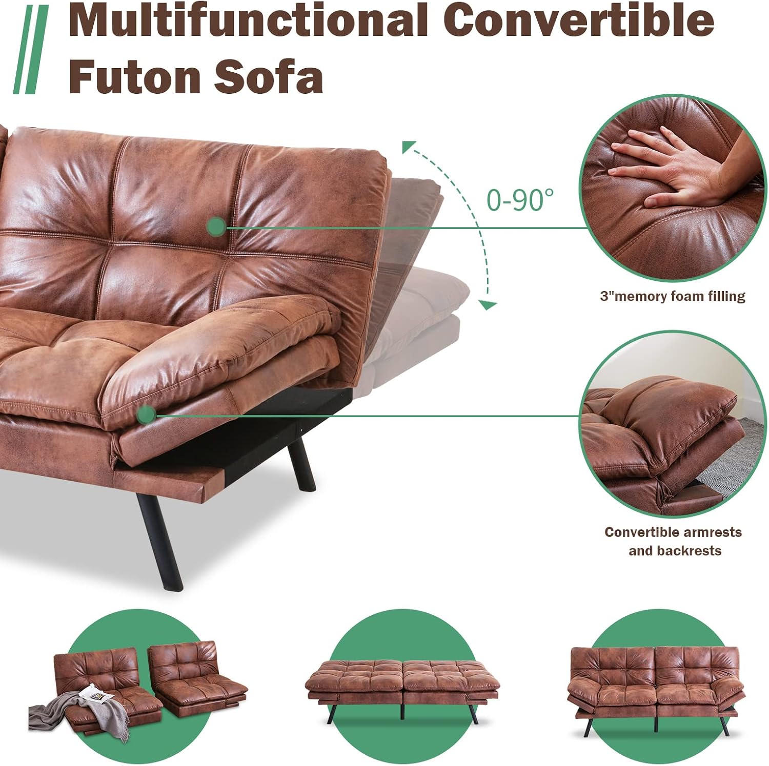 Opoiar Futon Sofa Bed,Lounge Memory Foam Sleeper Couch for Living Room,Convertible Loveseat for Compact Living Spaces,Studio Apartment,Dorm,Home Office,71'-Brown-Faux Leather-Thicker versio