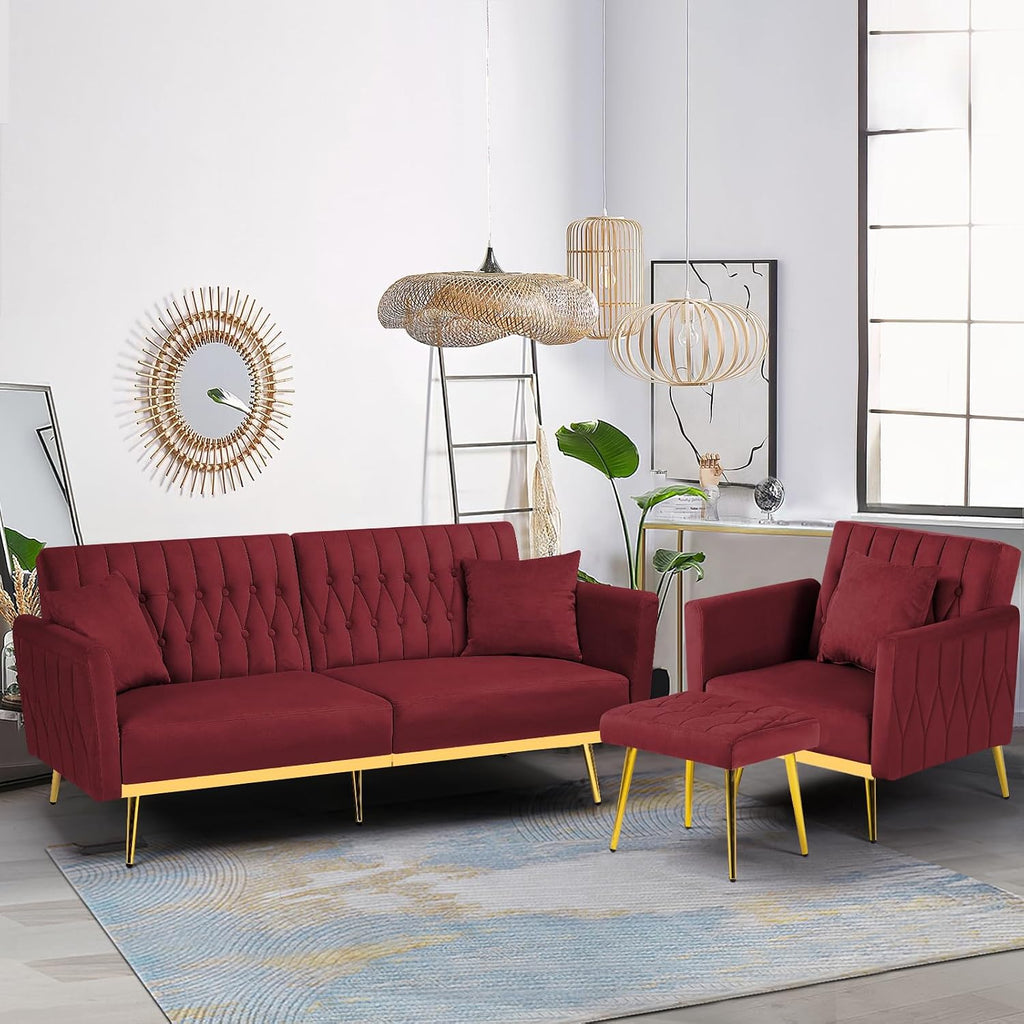 2 Pieces Velvet Sofa Set with Adjustable Armrest and Backrest, 70' Convertible Futon Sofa Bed & Mordern Accent Chair with Ottoman for Living Room, Bedroom, Red