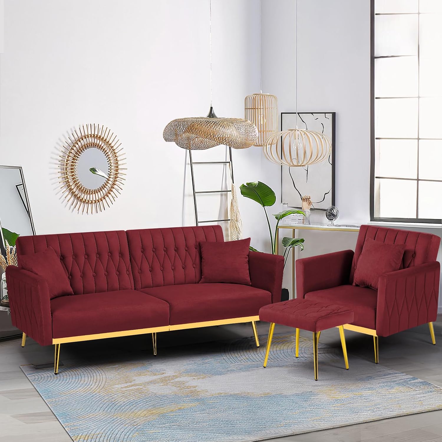 2 Pieces Velvet Sofa Set with Adjustable Armrest and Backrest, 70' Convertible Futon Sofa Bed & Mordern Accent Chair with Ottoman for Living Room, Bedroom, Red