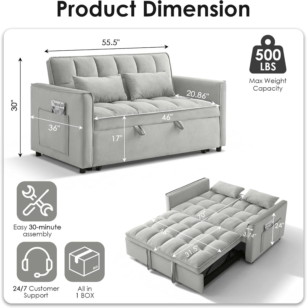 3 in 1 Convertible Sleeper Sofa Bed, 55' Pull Out Couches, Modern Loveseat Sleeper Sofa with Adjustable Reclining Backrest & Side Pockets for Living Room, Velvet Fabric, Grey
