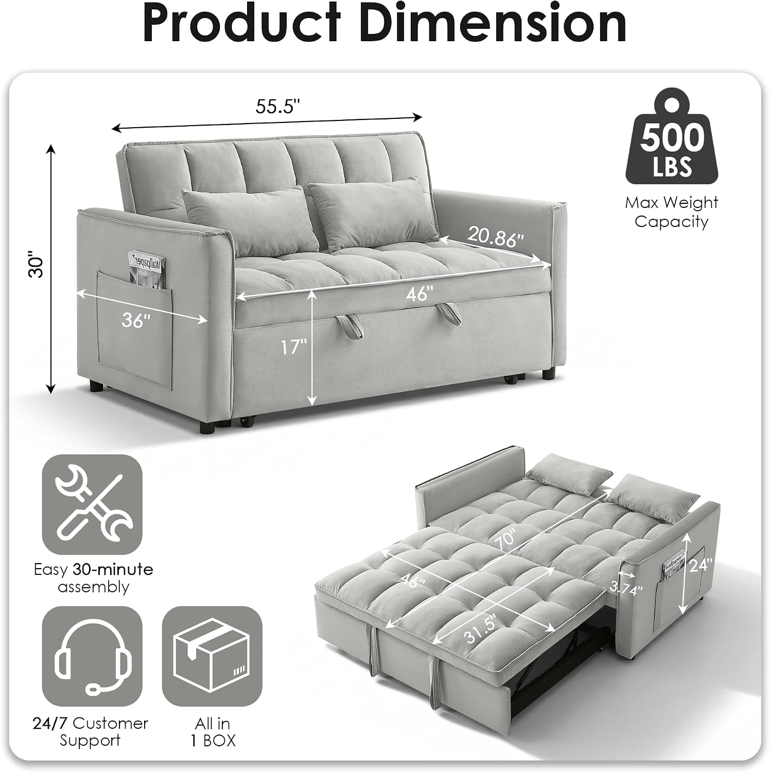 3 in 1 Convertible Sleeper Sofa Bed, 55' Pull Out Couches, Modern Loveseat Sleeper Sofa with Adjustable Reclining Backrest & Side Pockets for Living Room, Velvet Fabric, Grey