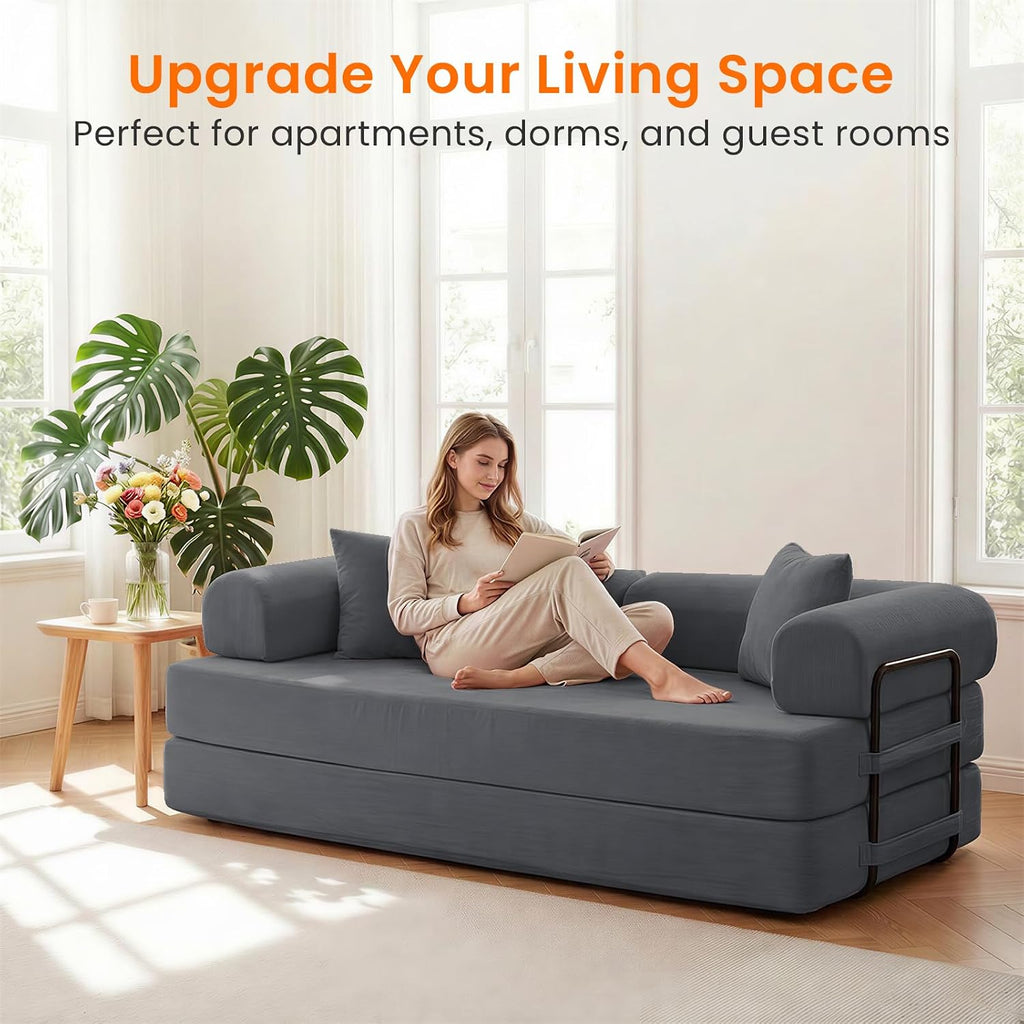 ijuicy 4-in-1 King Convertible Floor Sofa Bed w/ 2 Pillow,Modular Sleeper Sofa/Folding Futon Couch Bed w/Cylindrical Backrest and Fixed Frame,Lounge Couch,Corduroy Compression Sofas for Home-Dark Grey