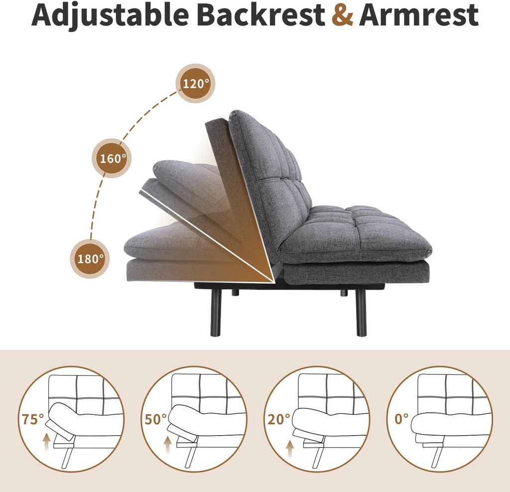 MUUEGM Futon Sofa Bed, 71' Convertible Memory Foam Sofa Couch with Adjustable Backrest & Armrests, Modern Upholstered Sleeper Couch for Small Spaces, Living Room & Apartment, Linen Fabric, Dark Gray