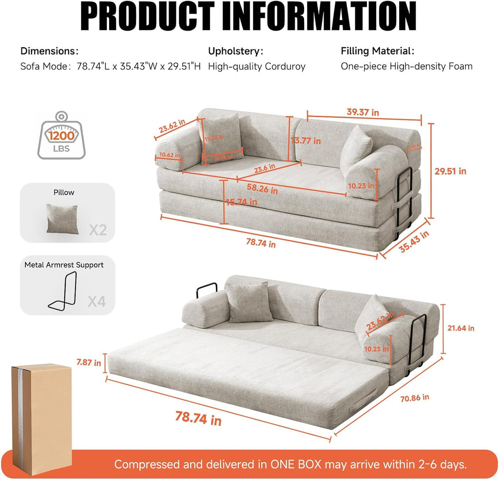 78.8' Memory Foam Boneless Couch, Corduroy Floor Sofa Bed, Convertible Sleeper Futon Loveseat, Wide Armrests & Back Support, Supports Up to 1200 lbs, Couch in a Box with 2 Pillows, Light Camel