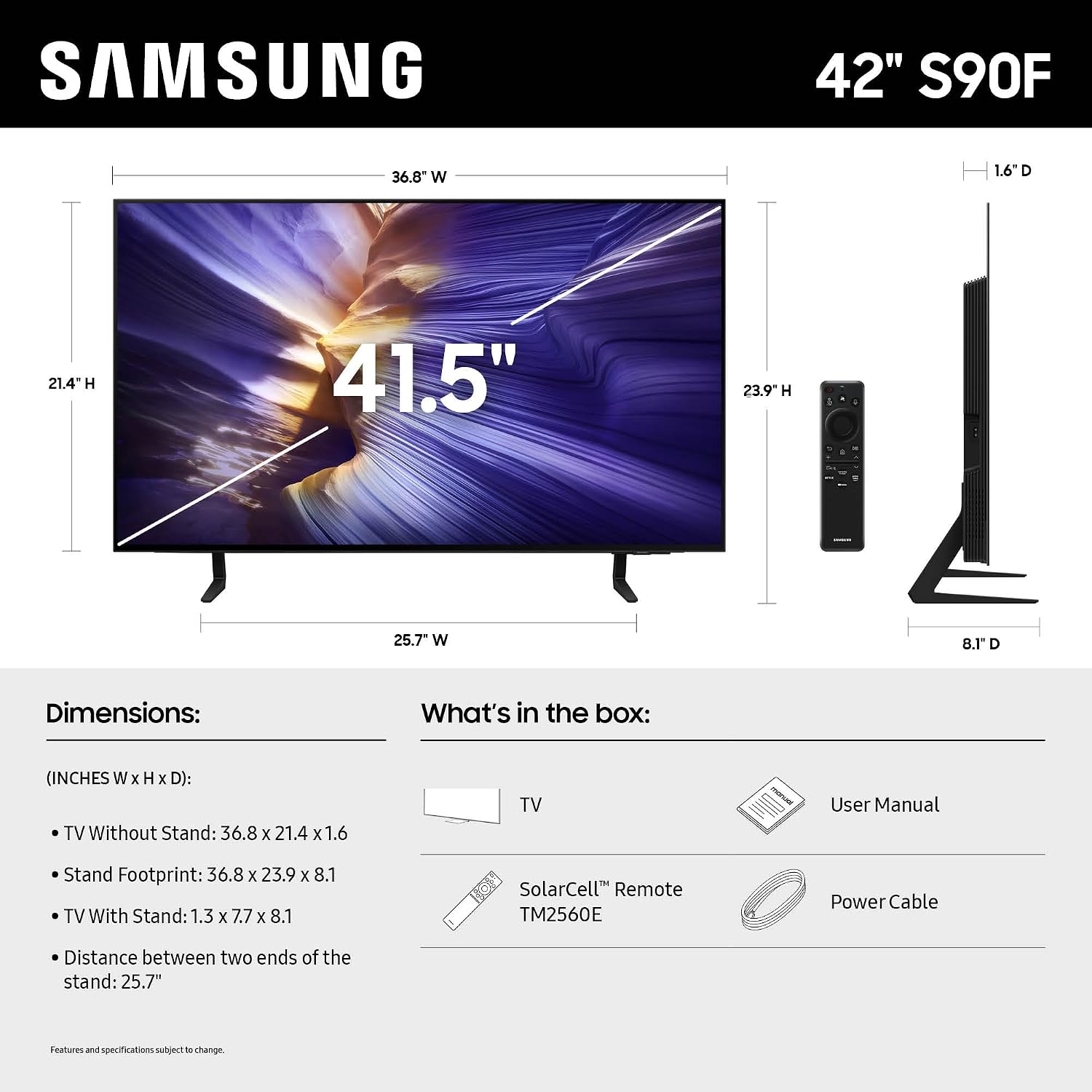 Samsung 42-Inch Class OLED S90F 4K Smart TV (2025 Model) NQ4 AI Gen3 Processor, Upscaling Pro, HDR +, Motion Xcelerator 144Hz, Vision, Alexa Built-in
