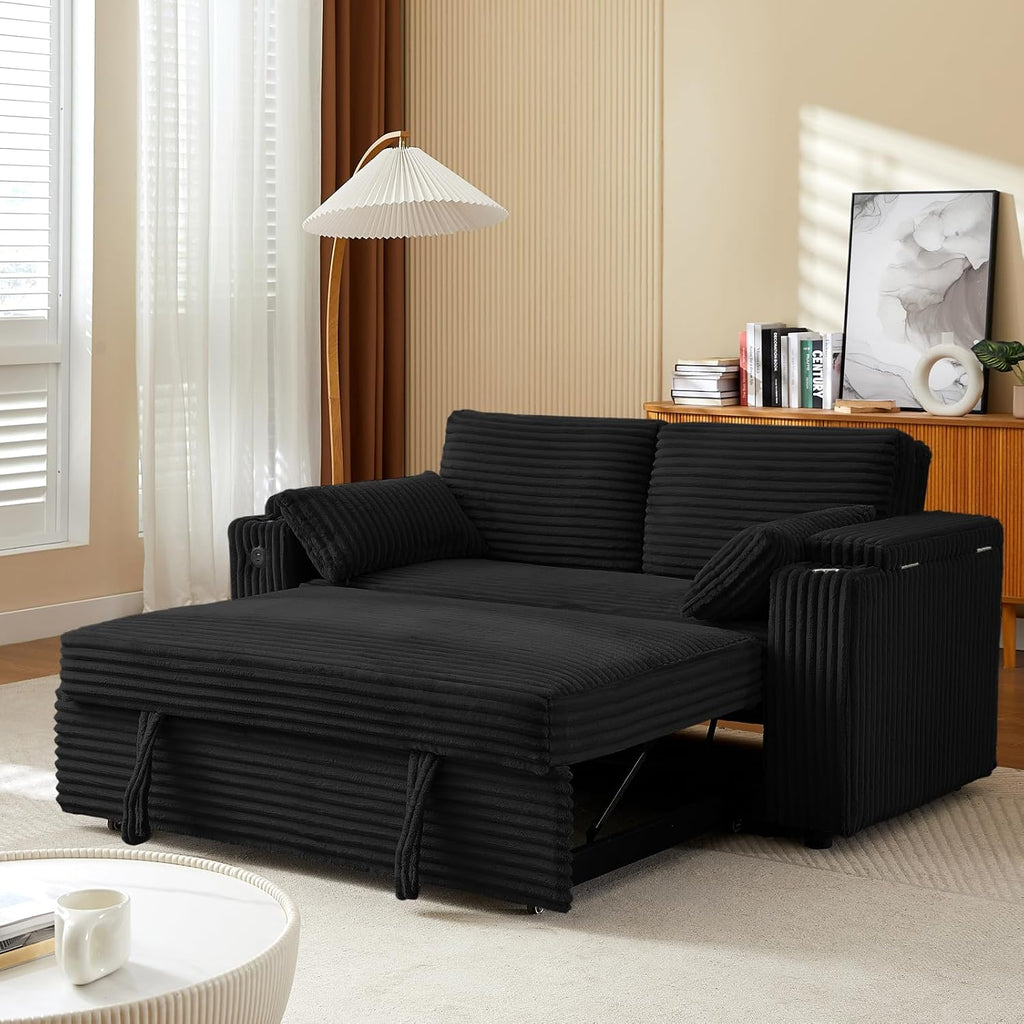 Convertible Corduroy Sofa Bed with USB Charging Port & Cup Holders, 68.11' Foldable Sleeper Chair with Armrests & Pillows, 3-in-1 Floor Futon for Living Room, Bedroom, Guest Room，Easy Assembly