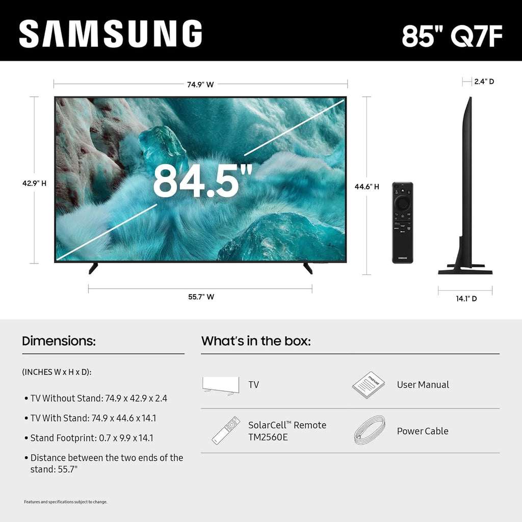 Samsung 85-Inch Class QLED Q7F Series Samsung Vision AI Smart TV (2025 Model, 85Q7F) Quantum HDR, Object Tracking Sound Lite, Q4 AI Gen1 Processor, 4K upscaling, Gaming Hub, Alexa Built-in