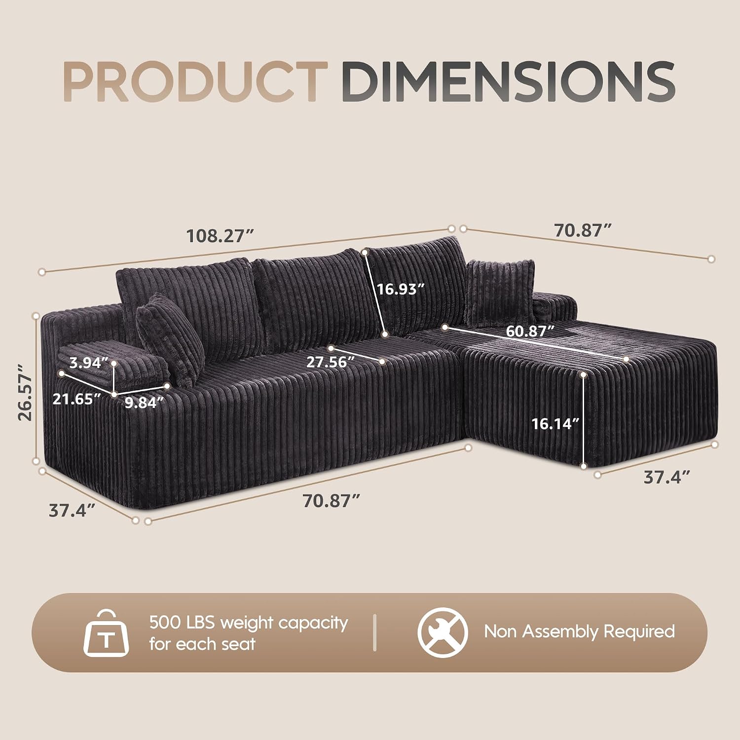 Hobestluk Modular Sectional Sofa Couches L-Shape Couch 3 Seat Modular Sofa Memory Foam Sectional Couches for Living Room, Cloud Couch with Oversized Chaise (108' Right Facing Chaise)