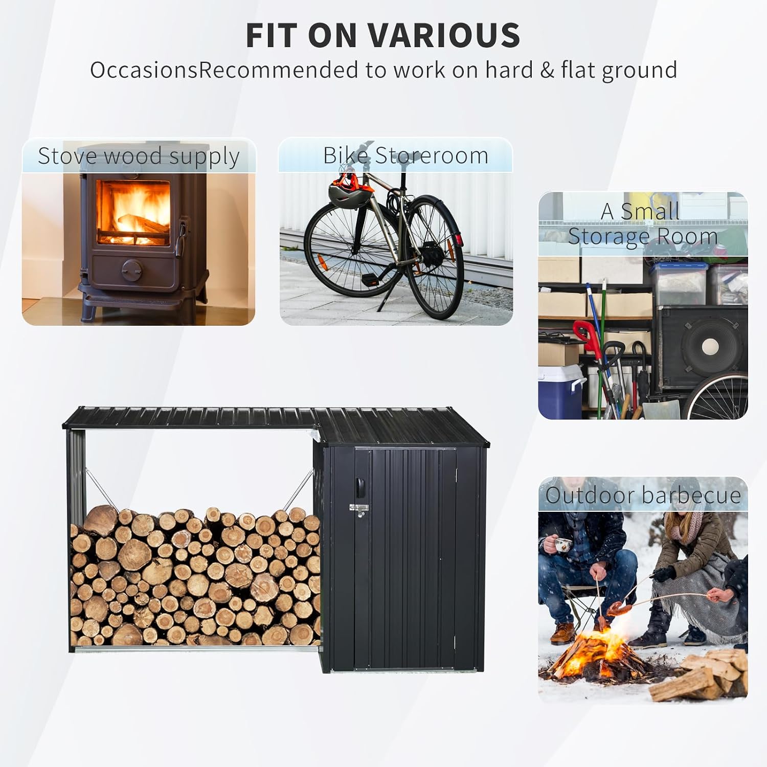 JT 9 x 3 FT Metal Firewood Rack, Galvanised Steel Garden Log Storage Shed, Metal Firewood Shed Holder, Outdoor Log Rack for Backyard, Two-in-One, Black
