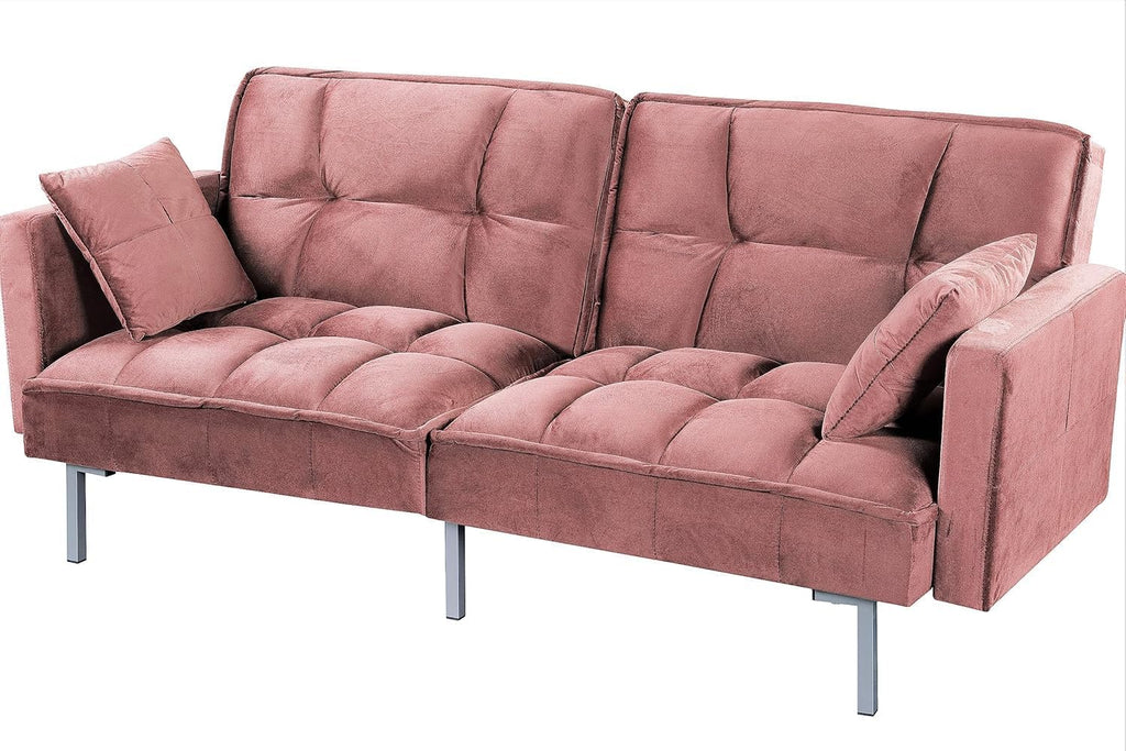 Container Furniture Direct Regal 75.6' Velvet Convertible Sofa Bed - Mid-Century Sleeper Couch w/Tufted Design & Metal Legs - Pull-Out Futon for Guests/Home (75.6' W x 34.6' D x 32' H), Rose