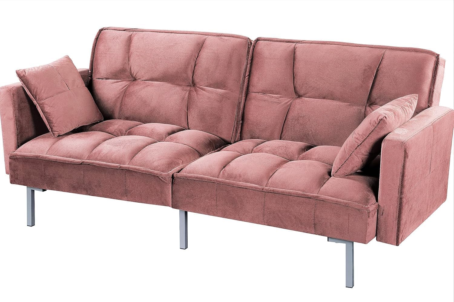 Container Furniture Direct Regal 75.6' Velvet Convertible Sofa Bed - Mid-Century Sleeper Couch w/Tufted Design & Metal Legs - Pull-Out Futon for Guests/Home (75.6' W x 34.6' D x 32' H), Rose