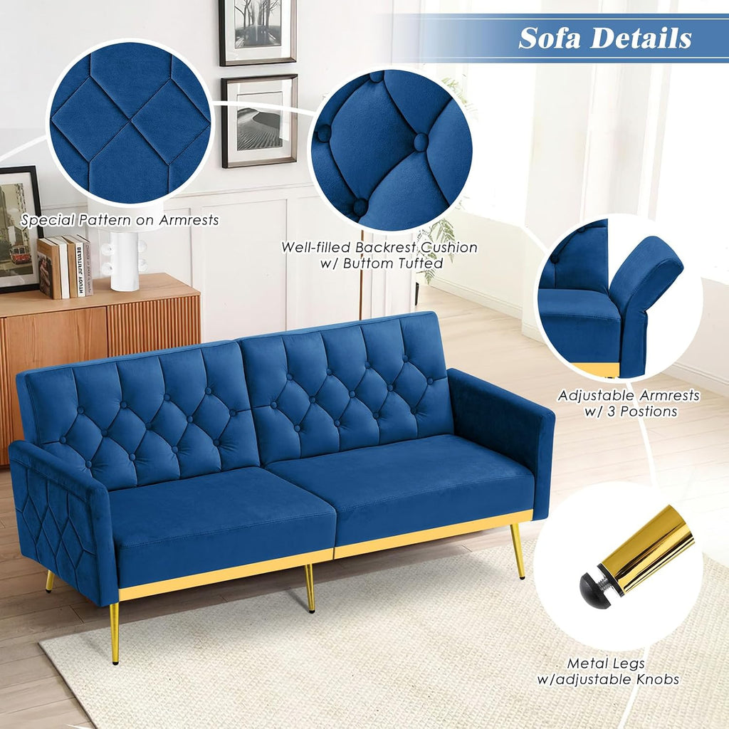 2 Pieces Velvet Sofa Set w/Adjustable Armrests and Backrests, Tufted Accent Chair w/Ottoman, Convertible Futon Sofa Bed for Bedroom, Living Room, Apartment, Blue