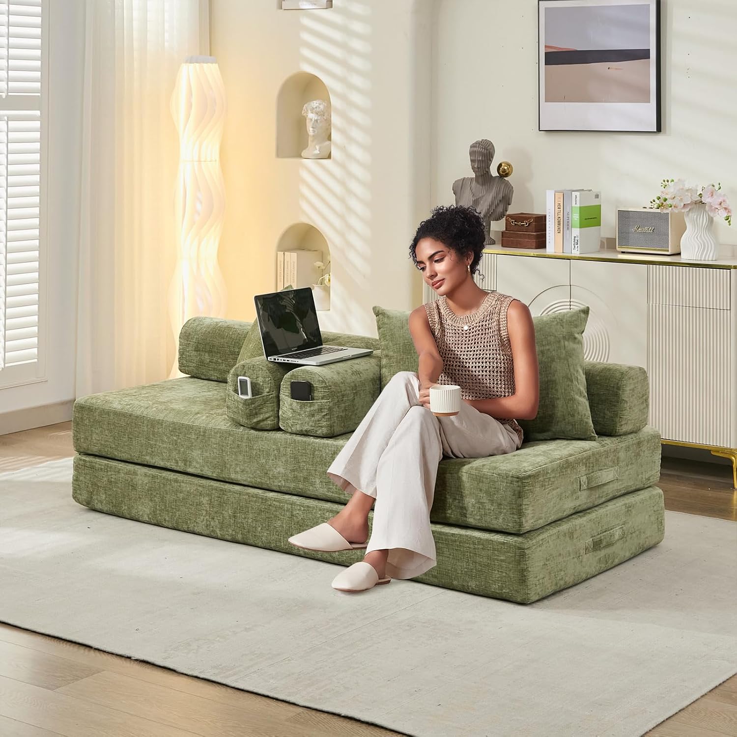 Futon Sofa Bed, Modular Convertible Folding 3 Seater Chenille Foam Floor Loveseat Sleeper Sofa Couch with 3 Pillows, No Assembly Compressed Boneless Couch, for Living Room Bedroom Guest Room, Green