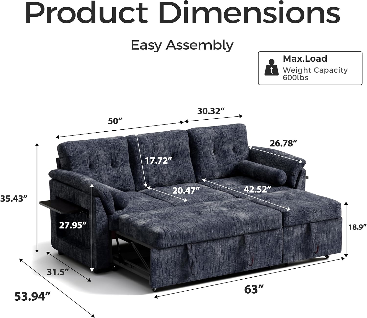 Convertible Sleeper Sofa Bed, 63 Inch Chenille Pull Out Couch with Side Table & Adjustable Backrest, Sectional Sleeper Sofa with Pull Out Bed for Living Room, Apartment, Blue