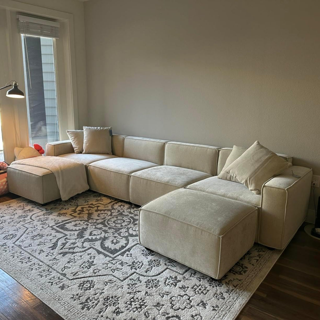 Acanva Luxury Modular Sectional Living Room Sofa Set, Modern Minimalist Style Couch with Ottoman and Chaise, U-Shape, Linen-Like Cream